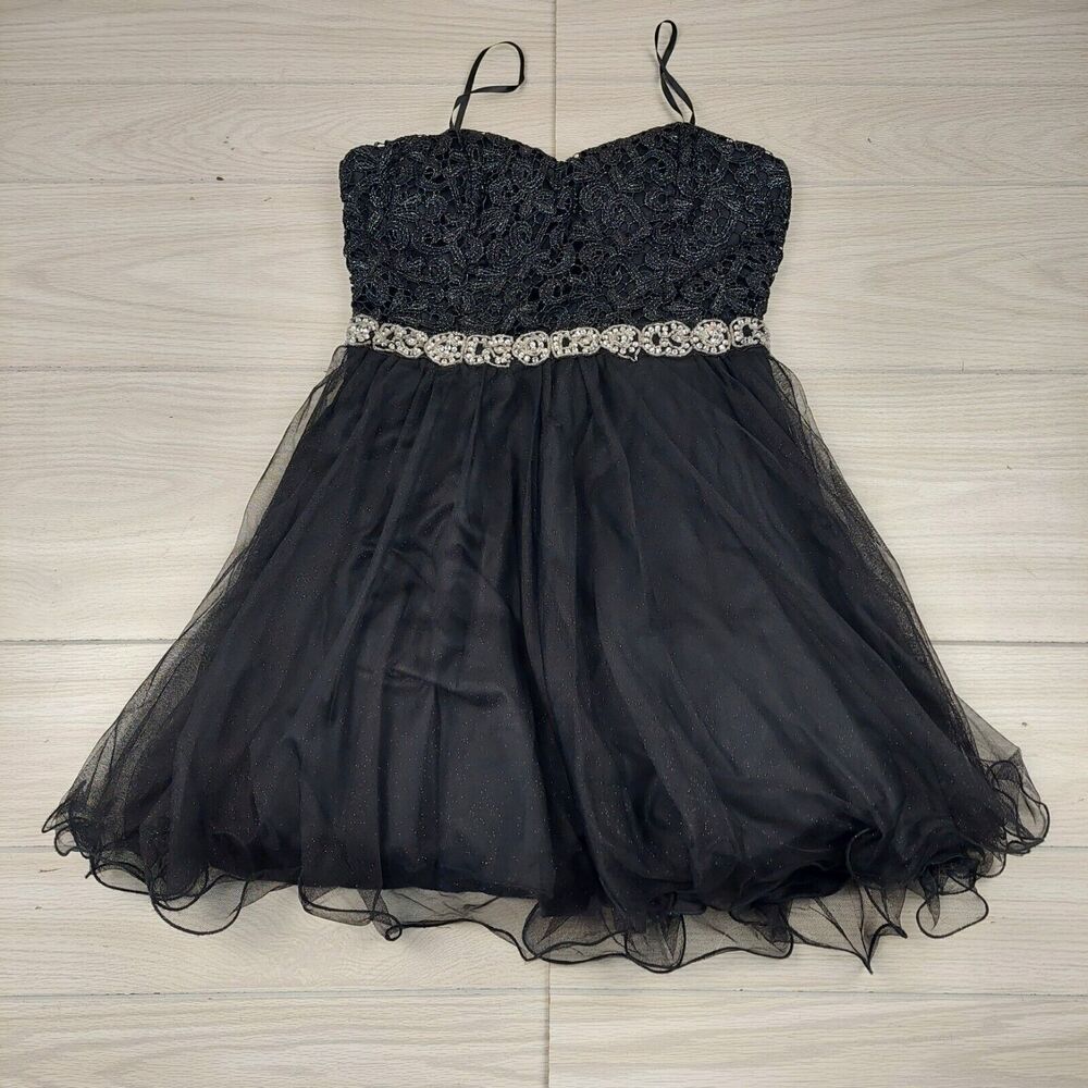 City Studio Dress Womens 9 Black Mini Formal Strappy Fairy Prom Whimsy Goth Lace